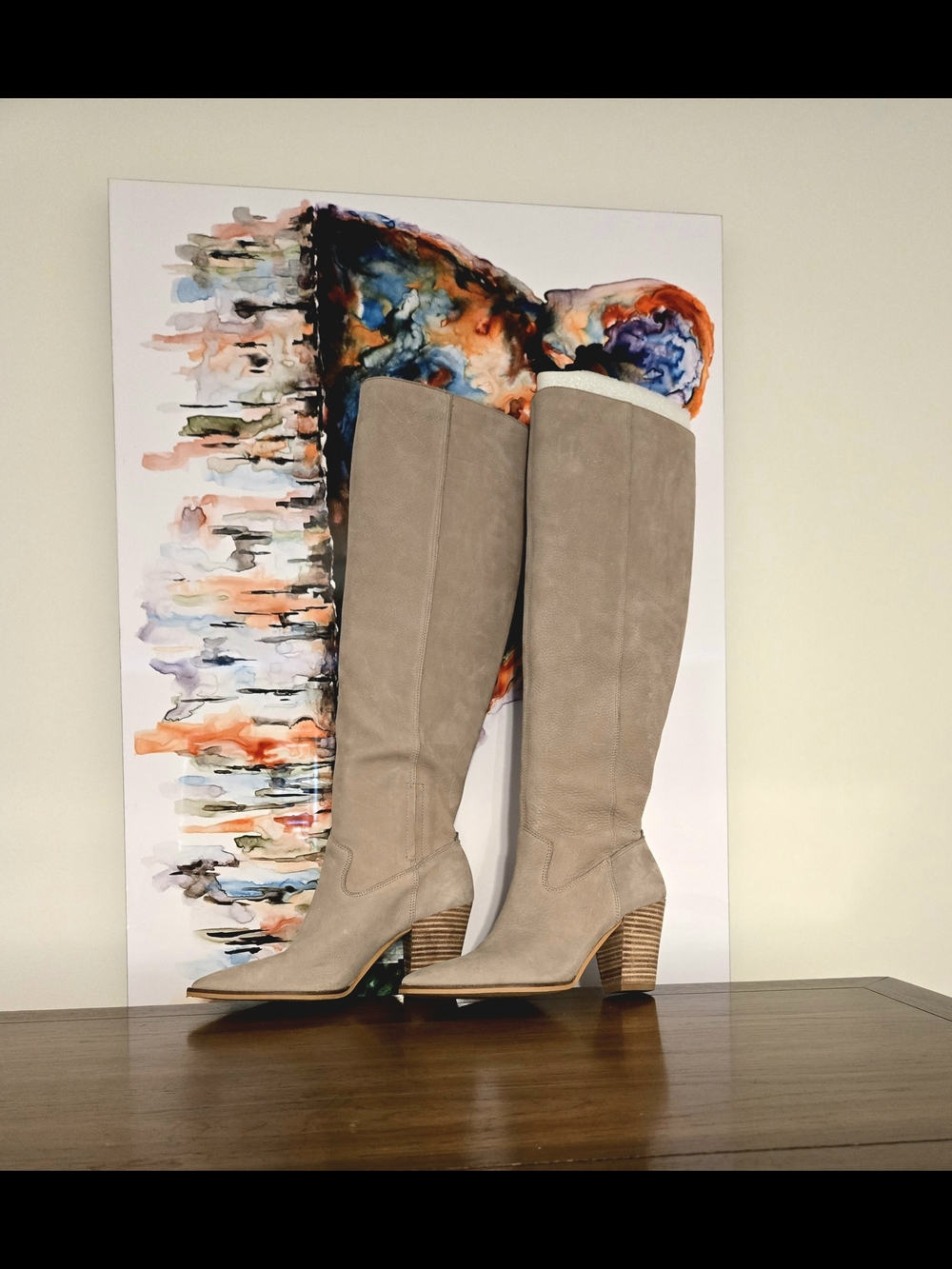 Taupe Suede Knee-High Heeled Boots